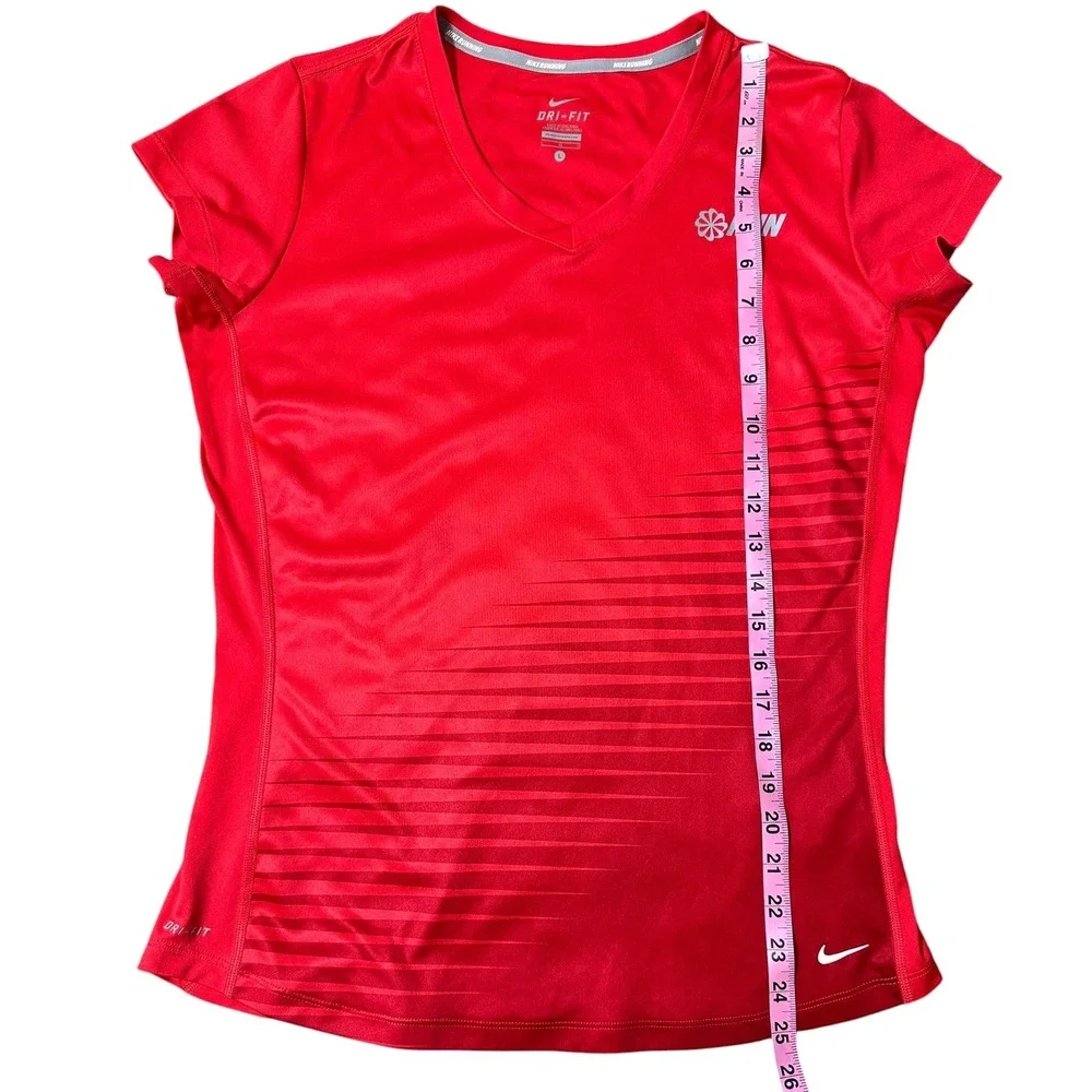 Nike Dri-FIT Running Shirt Womens Large Red V-Neck Graphic Tee Excellent